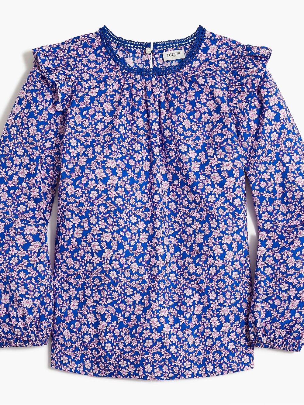 J. Crew Blue and Pink Floral Crochet-Trim Blouse